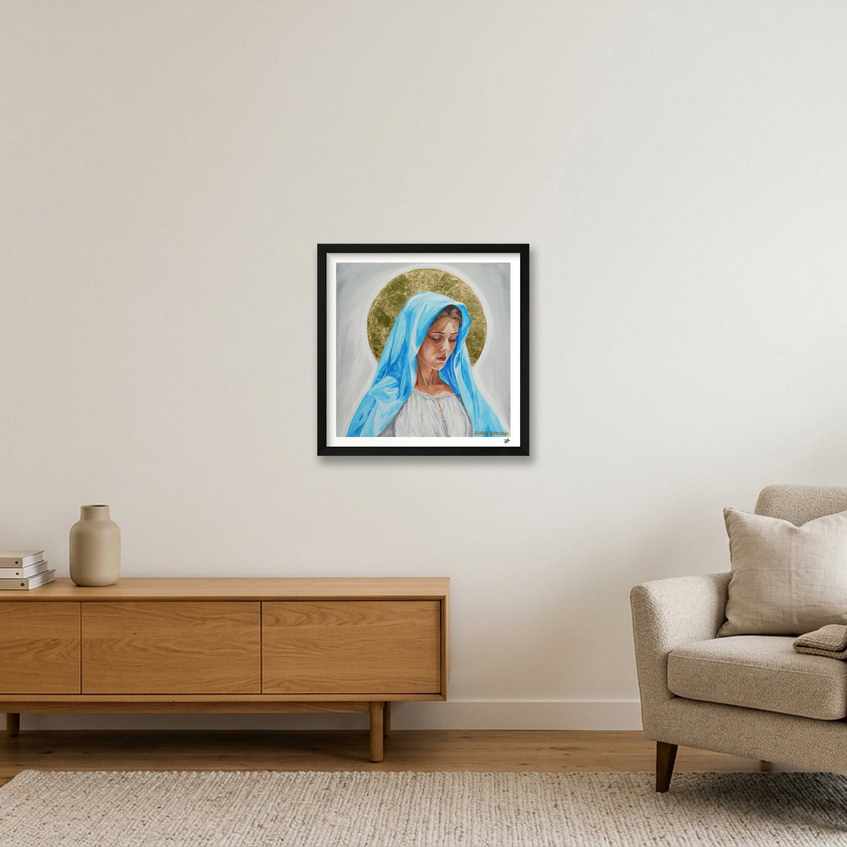 Virgin Mary in Blue — 40×40cm, 16×16" Black Frame