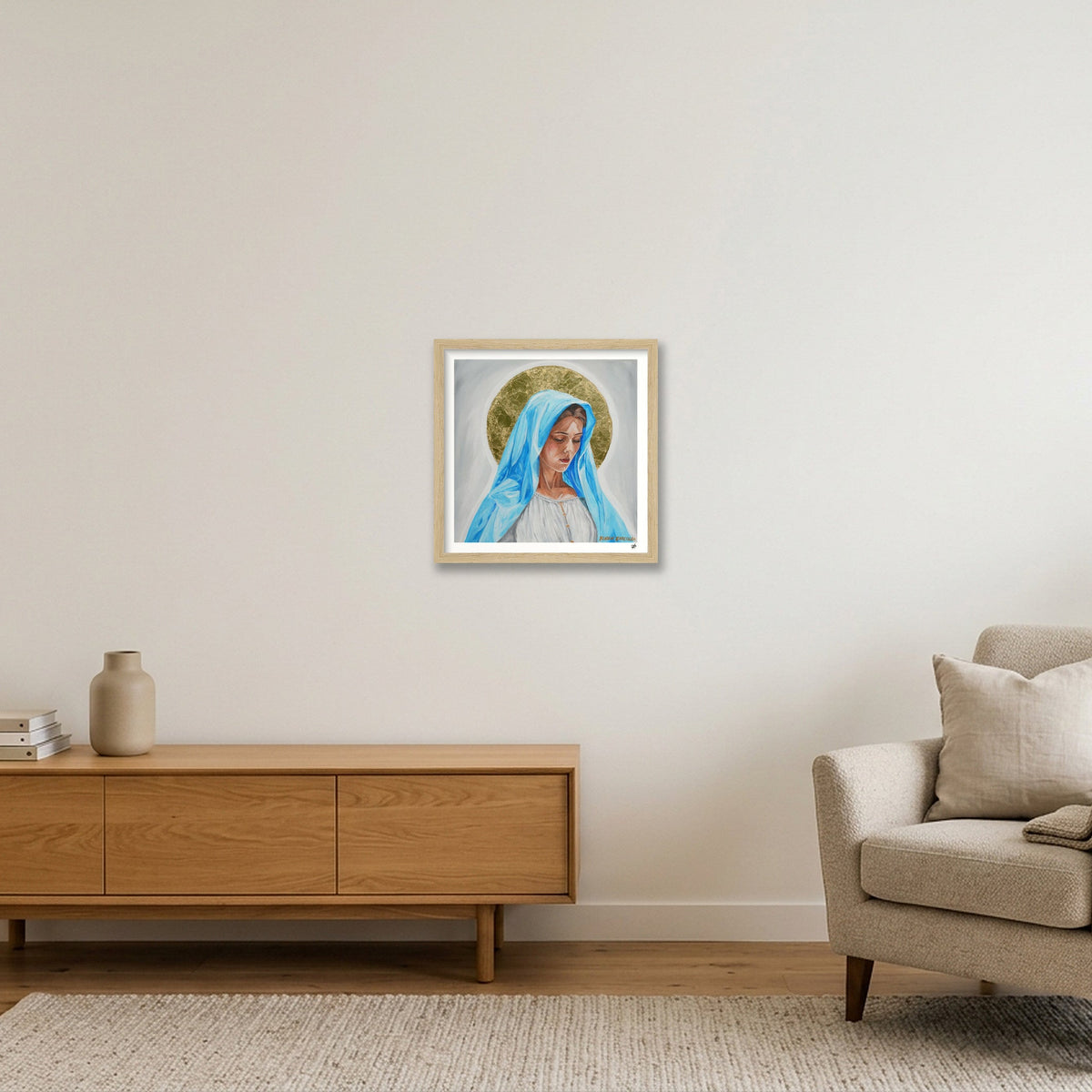 Virgin Mary in Blue — 30×30cm, 12×12" Oak Frame