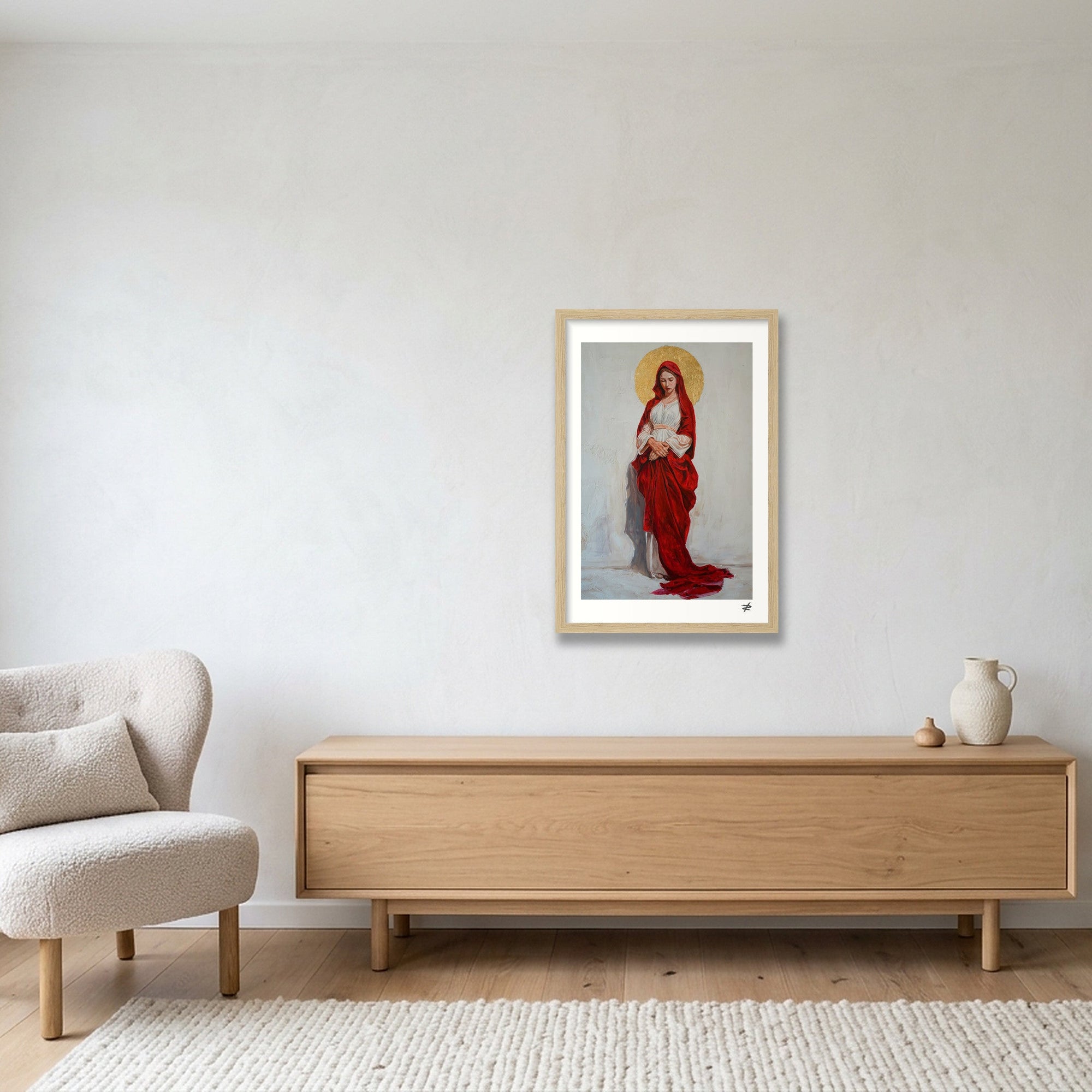 Virgin Mary in Red — 30×45cm, 12×18" Oak Frame
